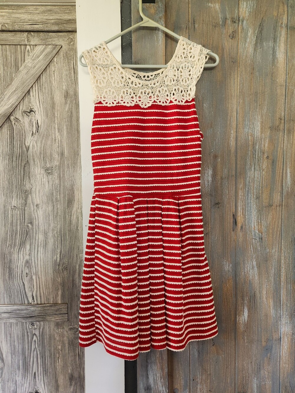 Esley Red & White Striped Crochet-Yoke Sleeveless Dress